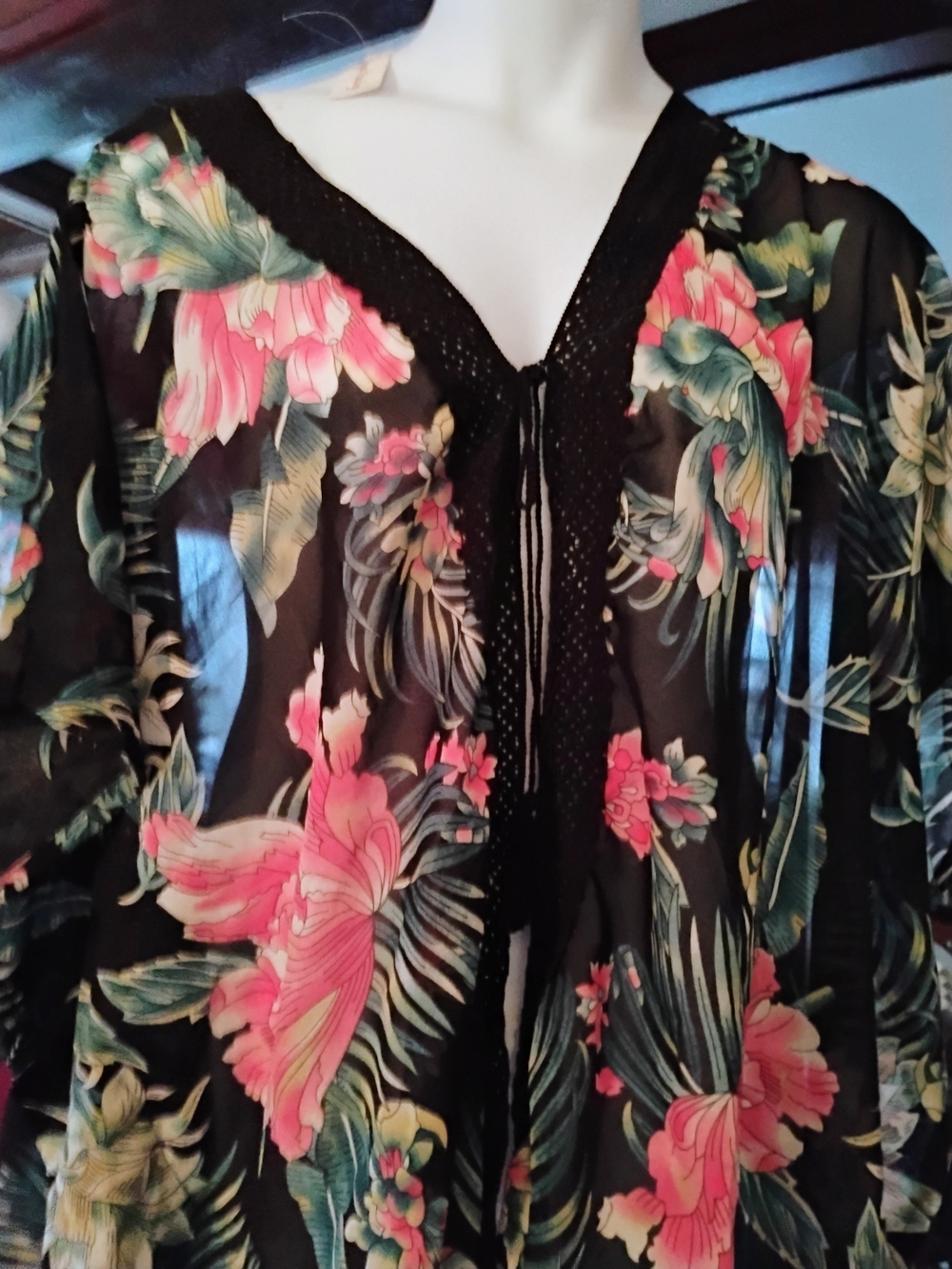 Sheer Floral Tie-Front Tunic Top in Black with Pink & Green